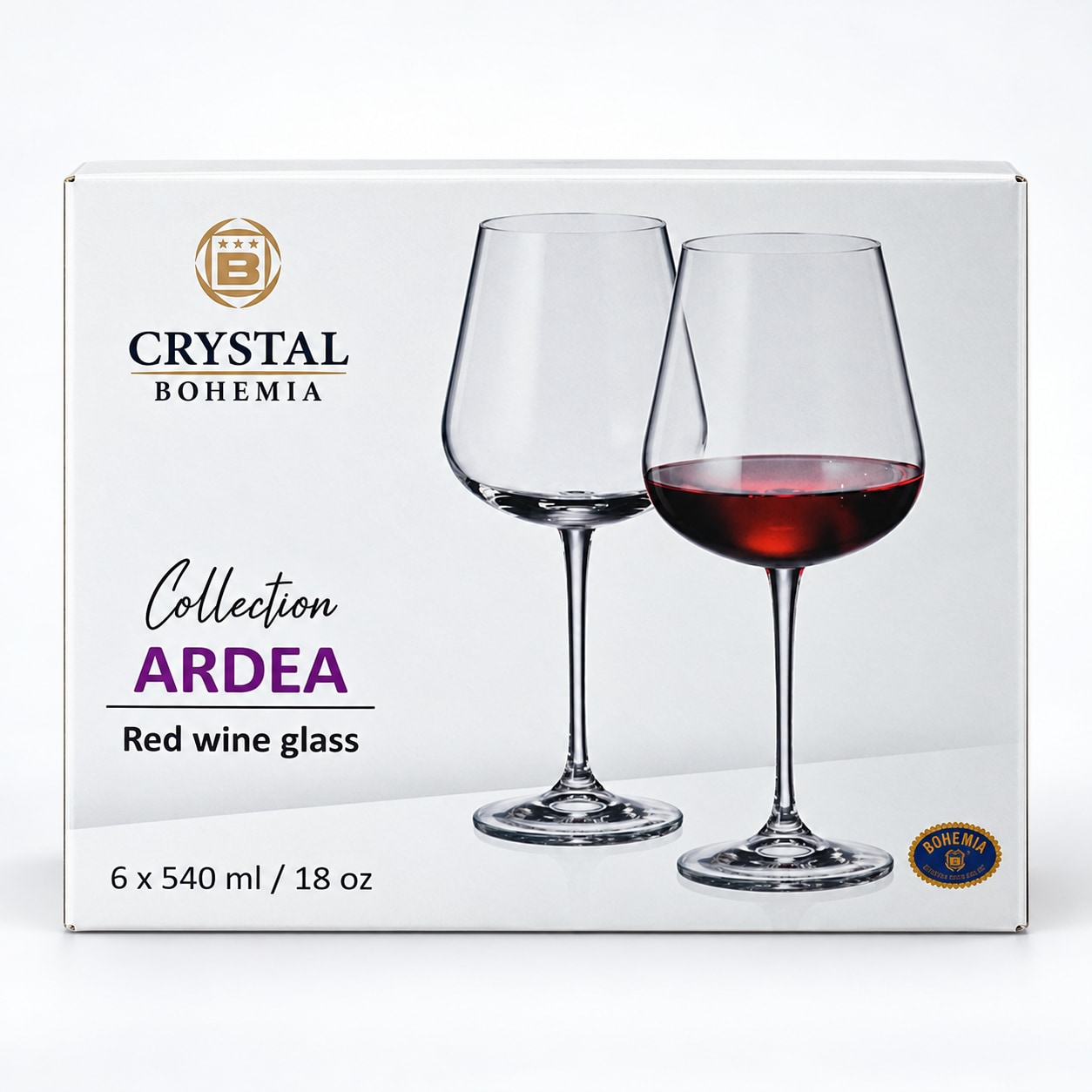 Set of 6 Crystal Bohemia Ardea 540 ml red wine glasses — box